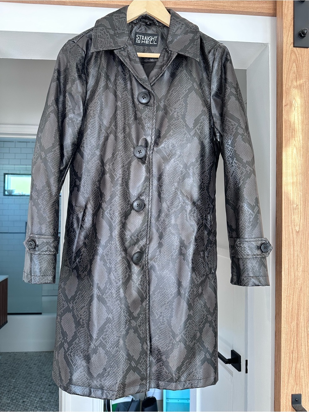 Straight to Hell Black Snake-Print Trench Coat